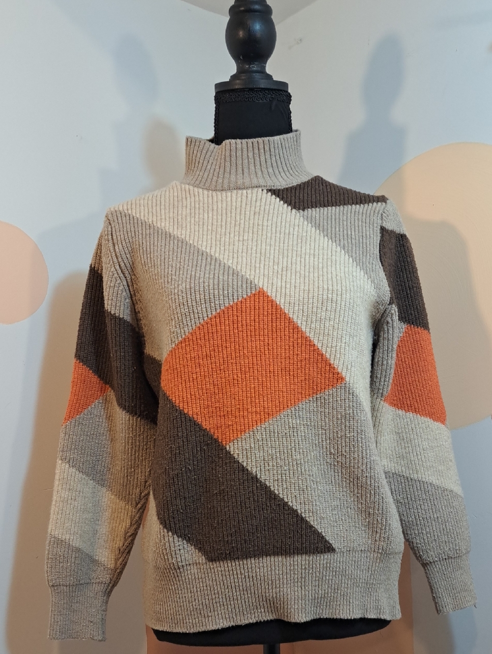Neutral & Orange Geometric Mock Neck Sweater